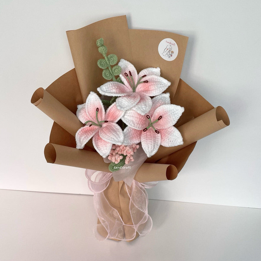 handicroft handmade crochet blush pink lily flower bouquet lily love poem