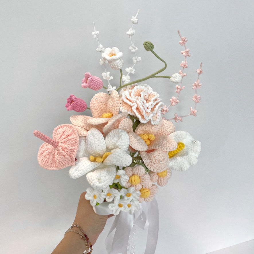 handicroft handmade crochet bridal wedding proposal love baby pink and white everlasting flower bouquet blush & vows