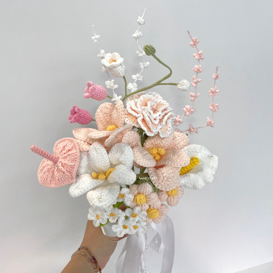 handicroft handmade crochet bridal wedding proposal love baby pink and white everlasting flower bouquet blush & vows