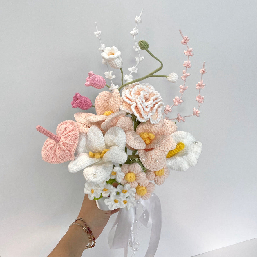 handicroft handmade crochet bridal wedding proposal love baby pink and white everlasting flower bouquet blush & vows