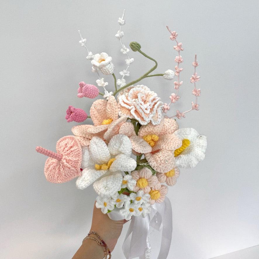 handicroft handmade crochet bridal wedding proposal love baby pink and white everlasting flower bouquet blush & vows