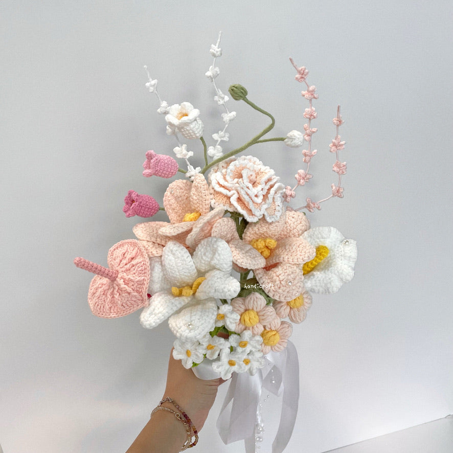 handicroft handmade crochet bridal wedding proposal love baby pink and white everlasting flower bouquet blush & vows