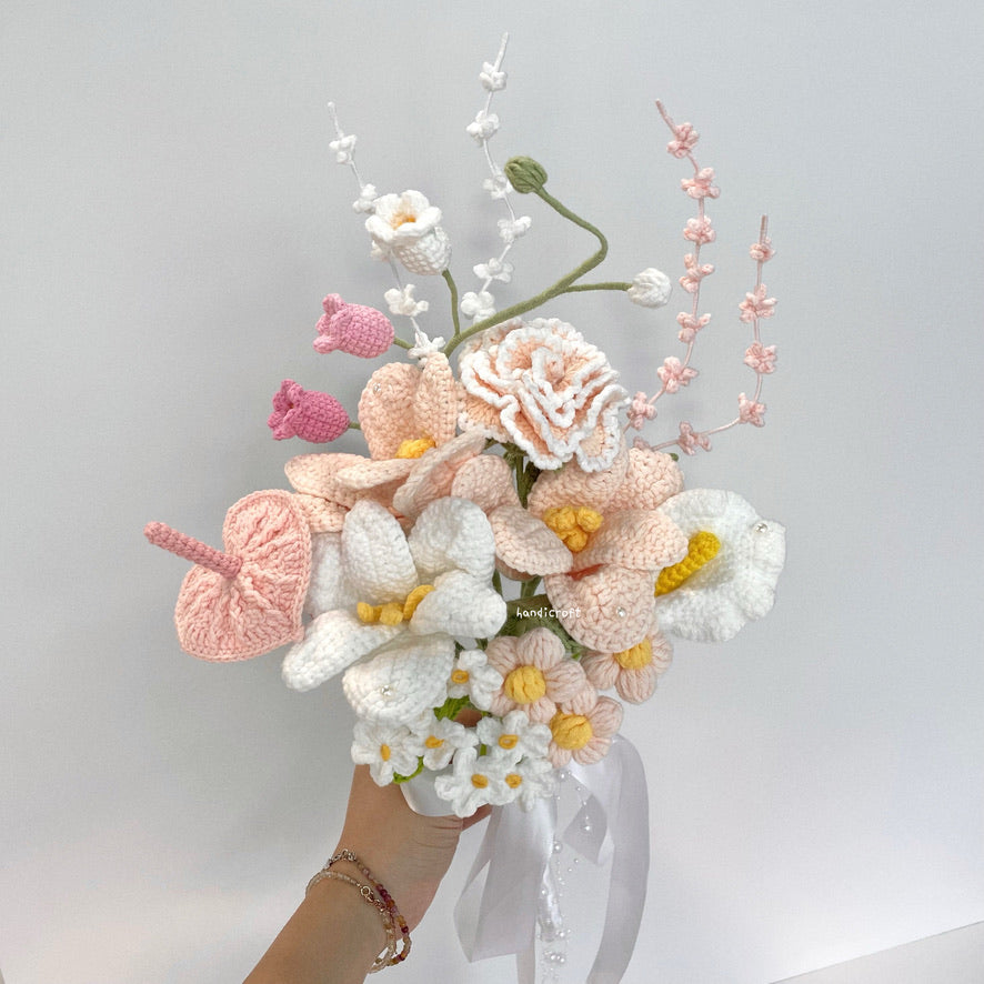 handicroft handmade crochet bridal wedding proposal love baby pink and white everlasting flower bouquet blush & vows