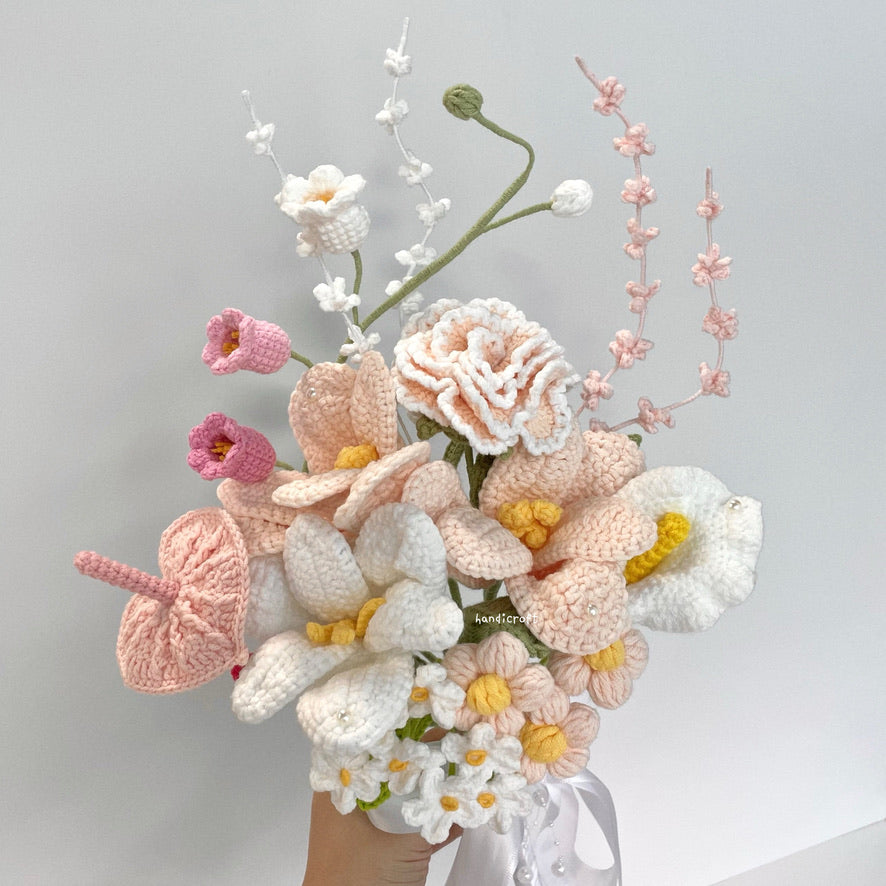 handicroft handmade crochet bridal wedding proposal love baby pink and white everlasting flower bouquet blush & vows