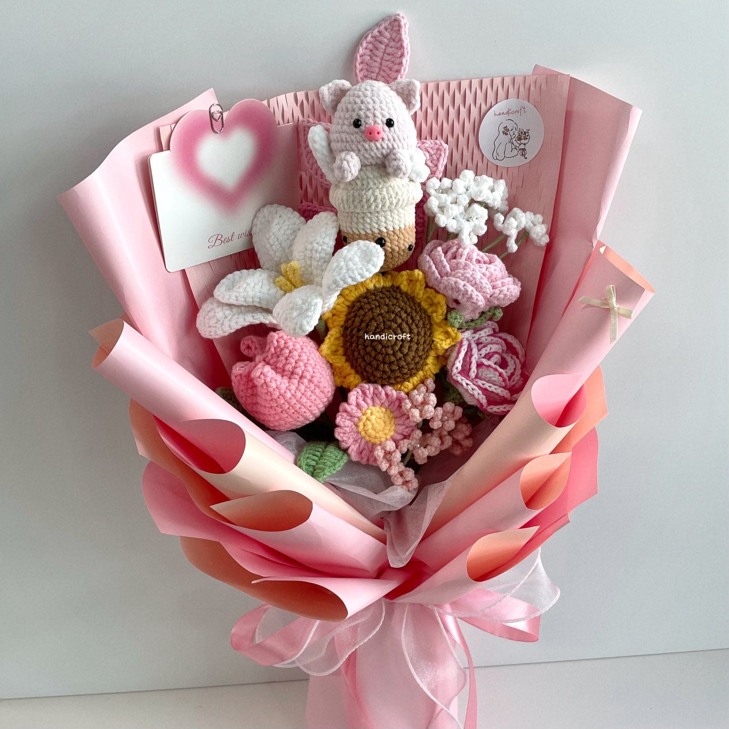handicroft handmade crochet bubble tea pig flower bouquet piggy's pearls & petals pink