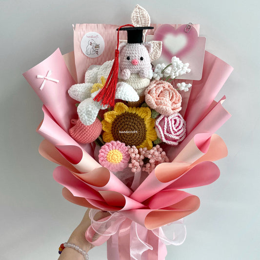 handicroft handmade crochet bubble tea pig flower bouquet piggy's pearls & petals pink