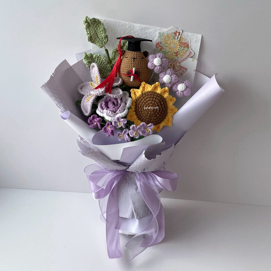 handicroft handmade crochet capybara graduation flower bouquet capy chapter purple