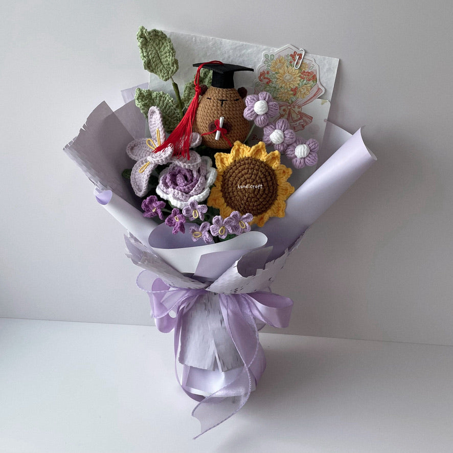handicroft handmade crochet capybara graduation flower bouquet capy chapter purple