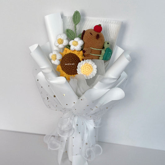 handicroft handmade crochet capybara sunflower bouquet capy in bloom white wrapping