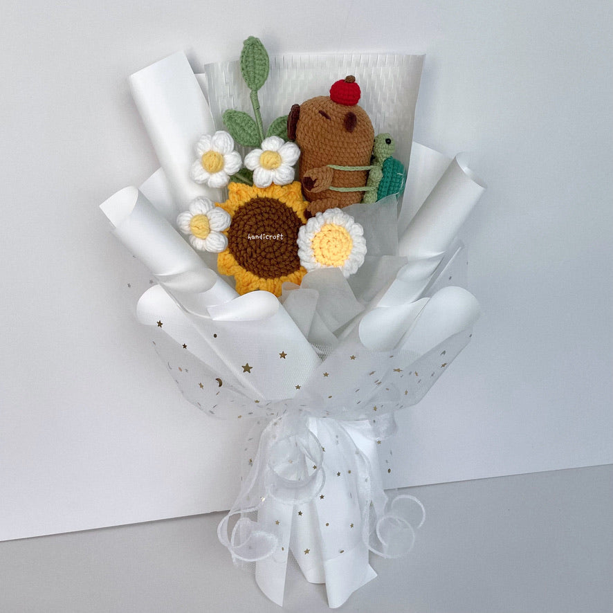 handicroft handmade crochet capybara sunflower bouquet capy in bloom white wrapping