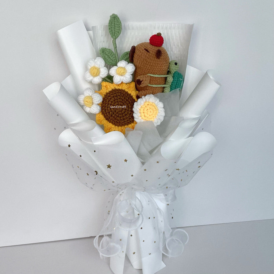 handicroft handmade crochet capybara sunflower bouquet capy in bloom white wrapping