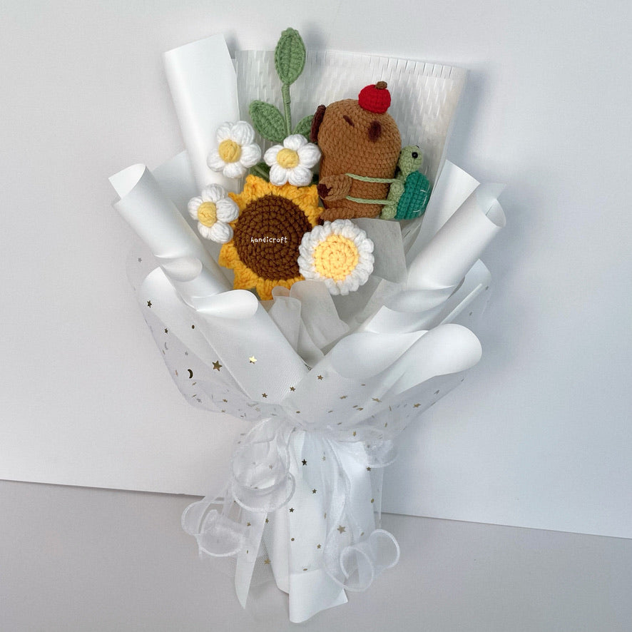 handicroft handmade crochet capybara sunflower bouquet capy in bloom white wrapping