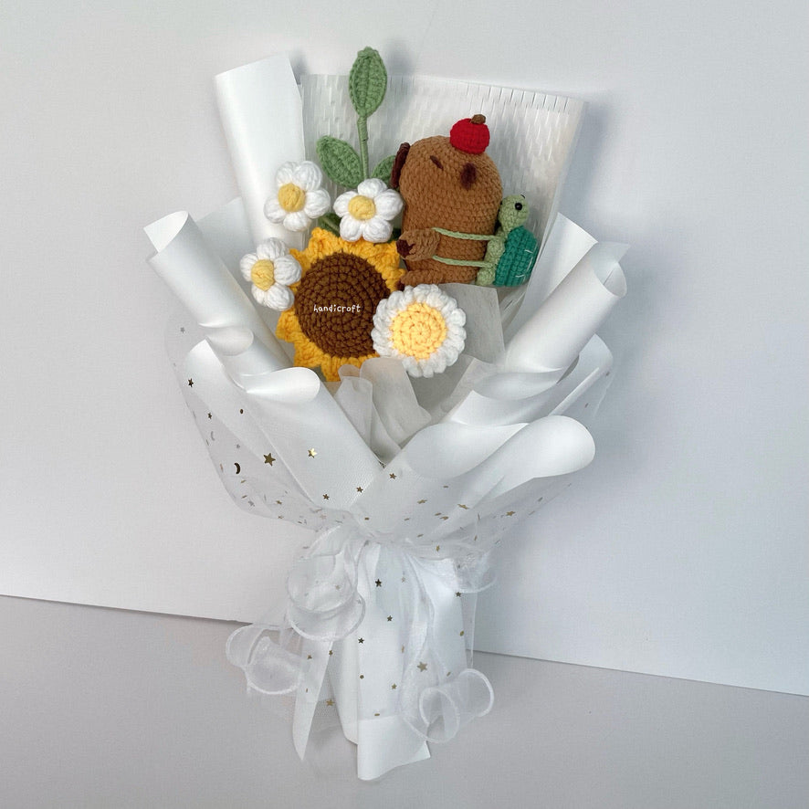 handicroft handmade crochet capybara sunflower bouquet capy in bloom white wrapping