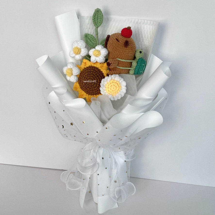 handicroft handmade crochet capybara sunflower bouquet capy in bloom white wrapping
