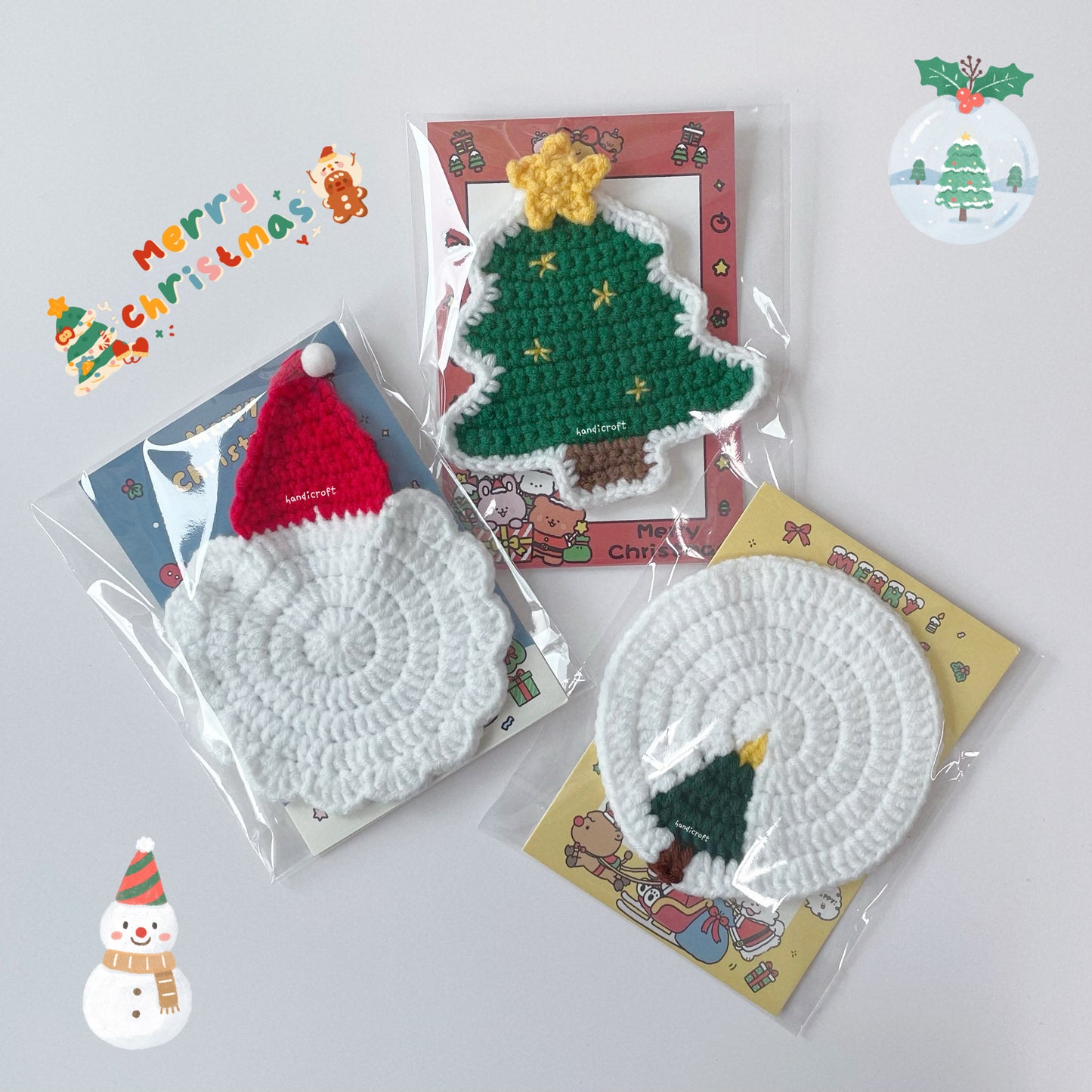 handicroft crochet christmas coasters in three designs
