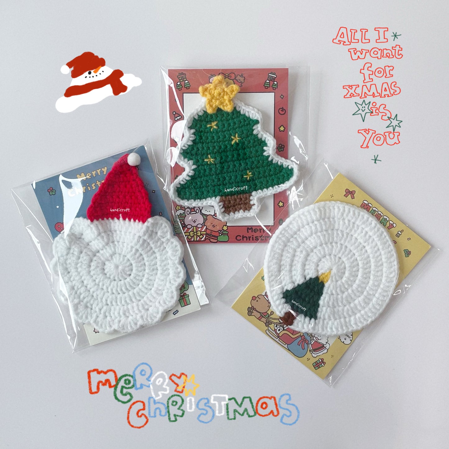 handicroft crochet christmas coasters in three designs