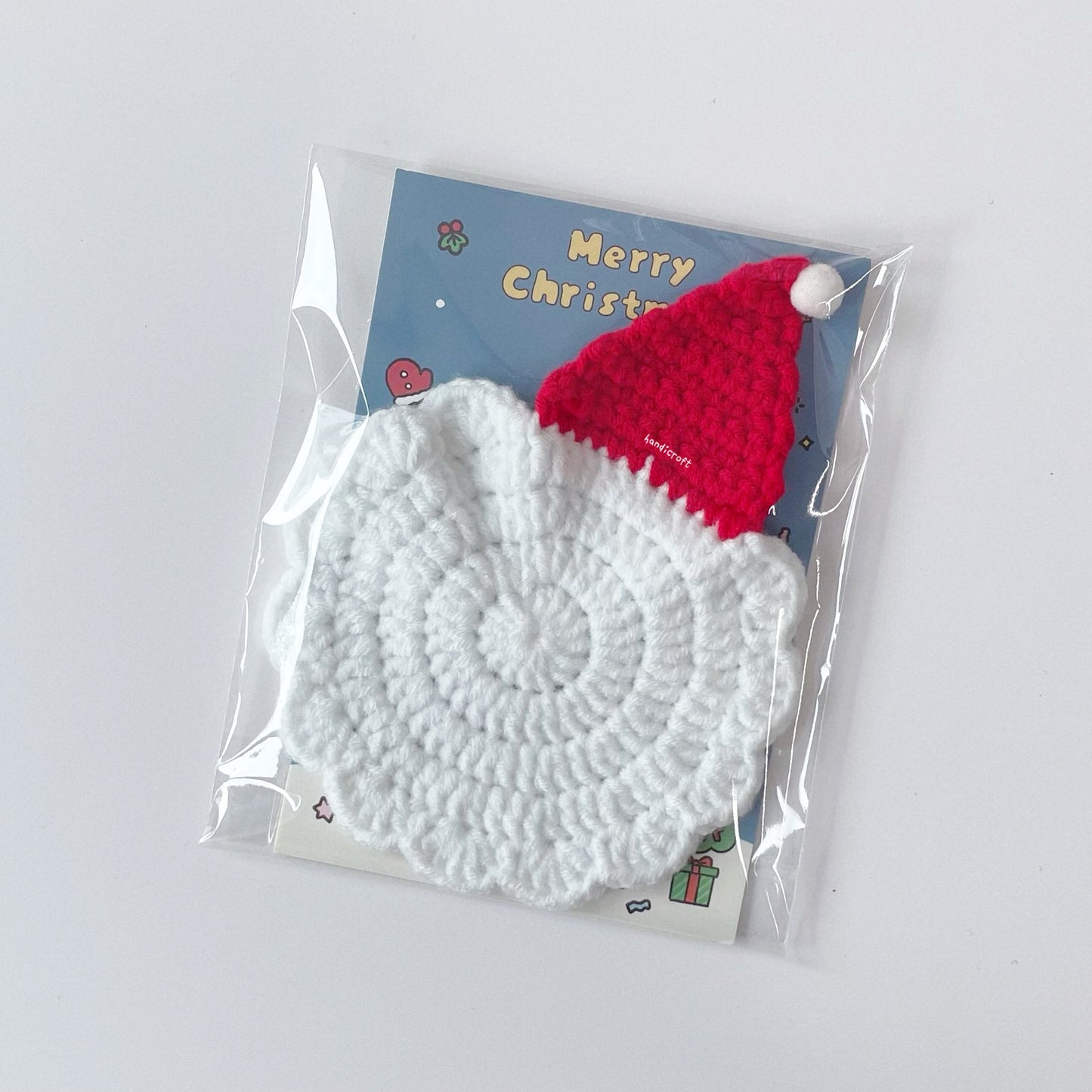 handicroft handmade crochet christmas coasters white and red santa claus hat