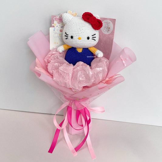 handicroft handmade crochet chubby sanrio hello kitty flower bouquet hello kitty in bloom dark blue red bow pink