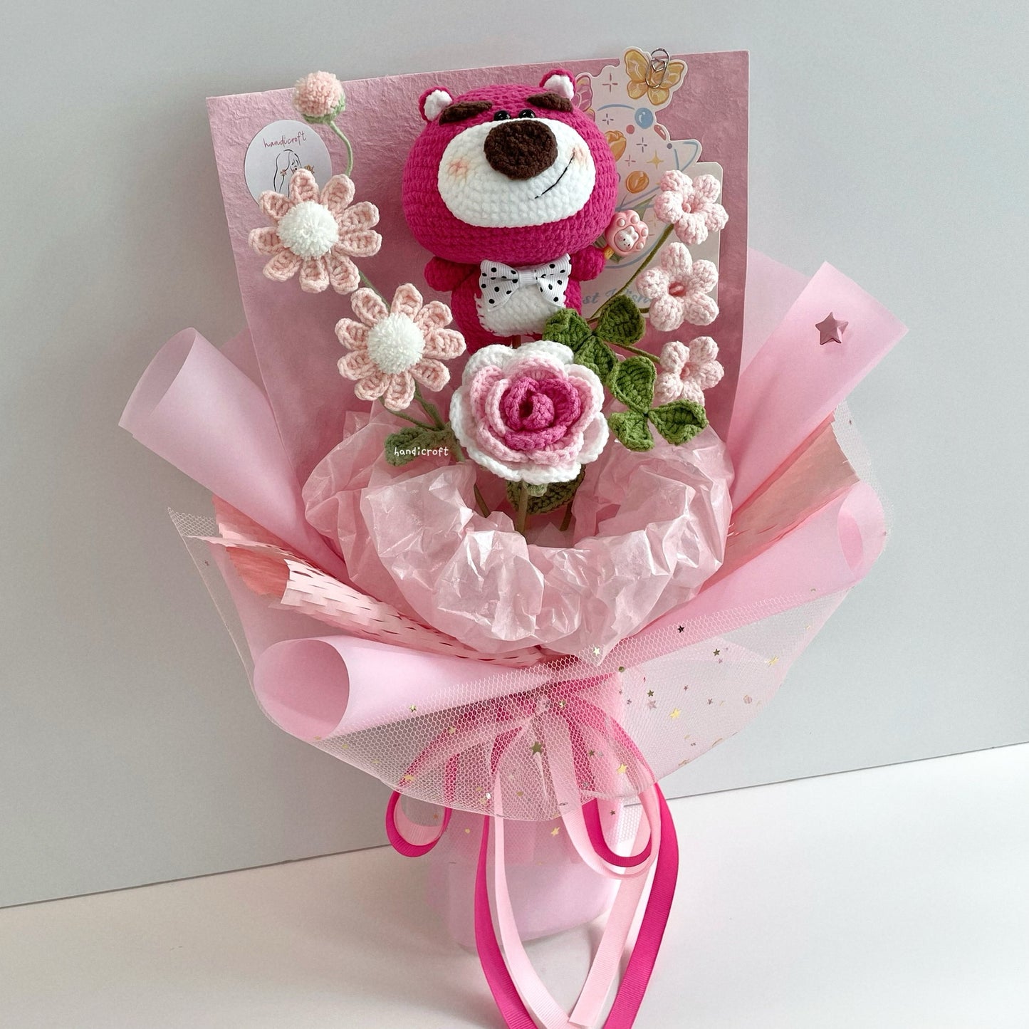 handicroft handmade crochet disney strawberry lotso bear character flower bouquet lotso's big love pink