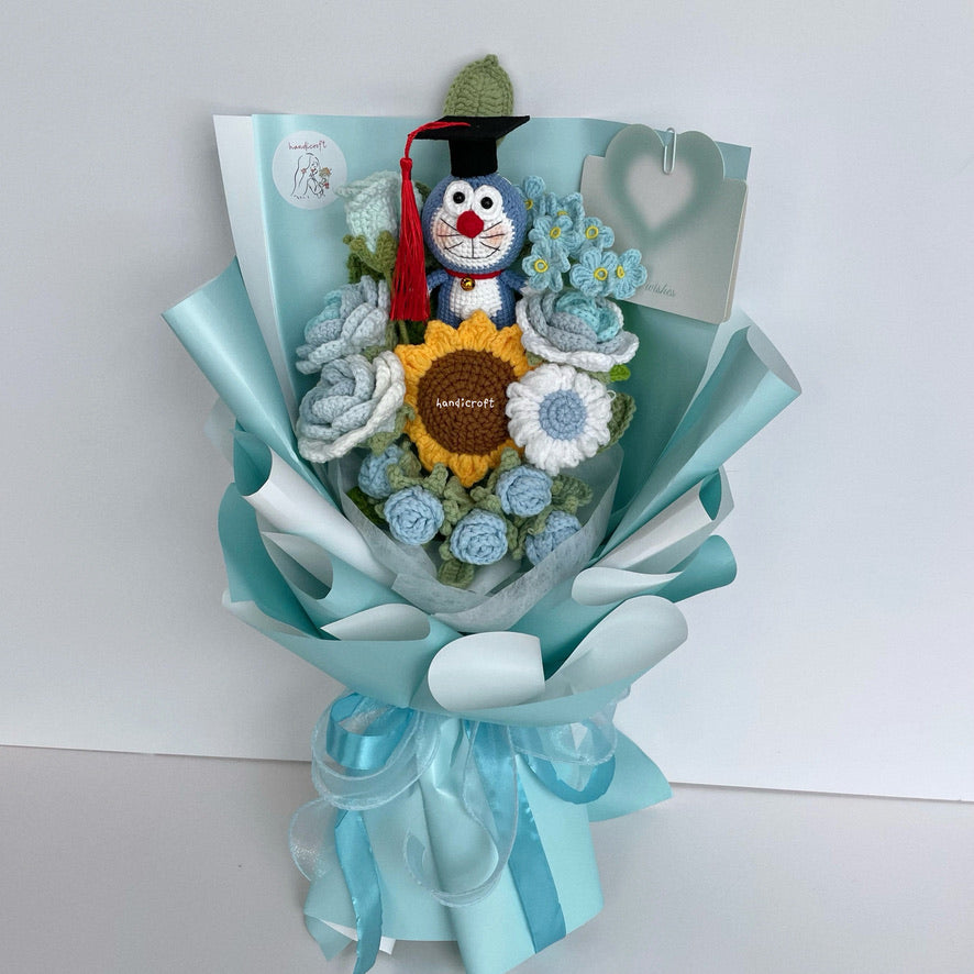 handicroft handmade crochet doraemon pastel blue flower bouquet doraemon dream graduation edition