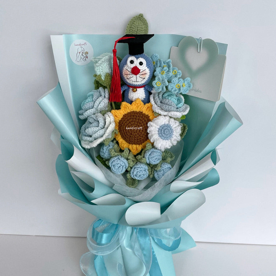 handicroft handmade crochet doraemon pastel blue flower bouquet doraemon dream graduation edition