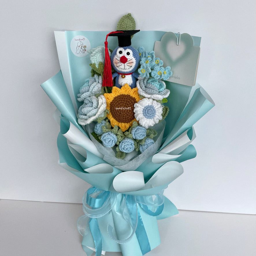 handicroft handmade crochet doraemon pastel blue flower bouquet doraemon dream graduation edition