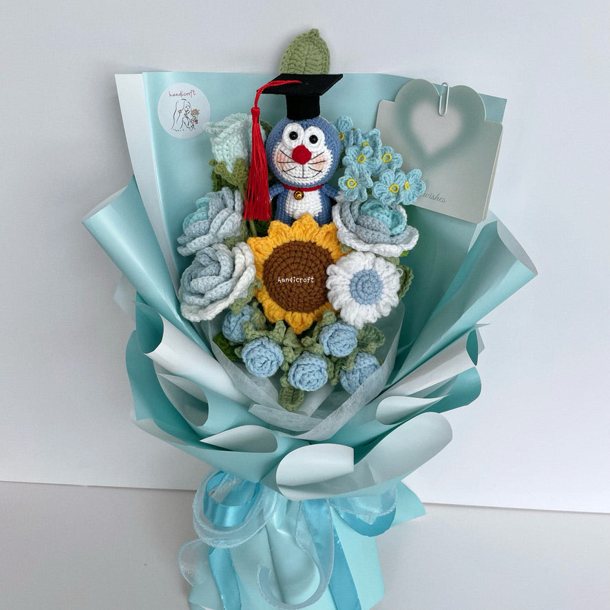 handicroft handmade crochet doraemon pastel blue flower bouquet doraemon dream graduation edition
