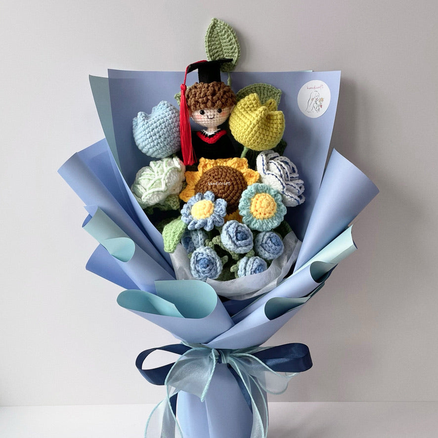 handicroft handmade crochet everlasting graduation flower bouquet blue-ming success