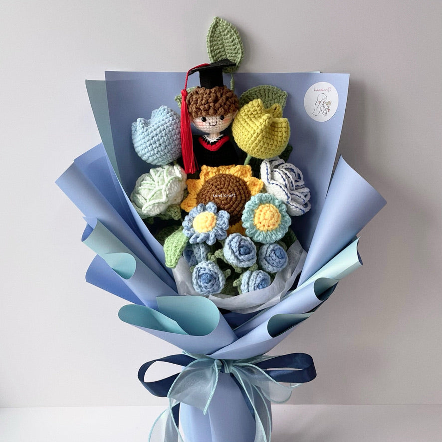 handicroft handmade crochet everlasting graduation flower bouquet blue-ming success