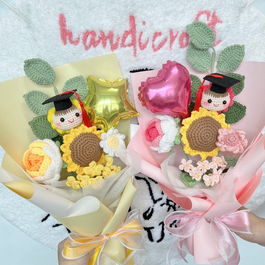 handicroft handmade crochet everlasting graduation flower bouquet celebrate in sunshine 2 colours