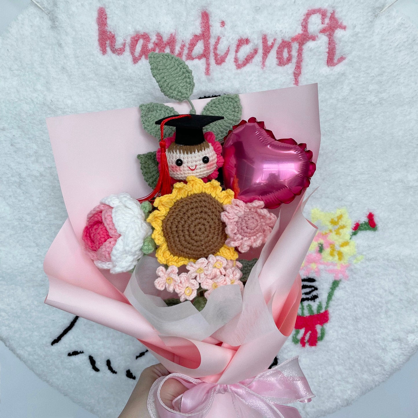handicroft handmade crochet everlasting graduation flower bouquet celebrate in sunshine pink
