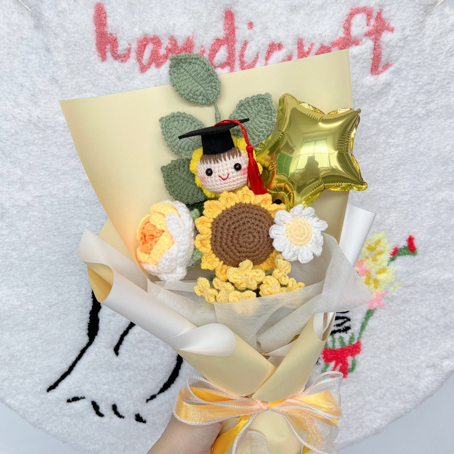 handicroft handmade crochet everlasting graduation flower bouquet celebrate in sunshine yellow