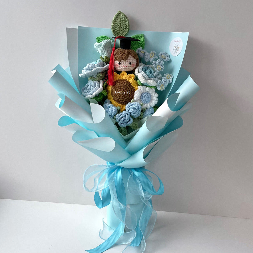 handicroft handmade crochet everlasting light pastel blue graduation flower bouquet clouds of hope