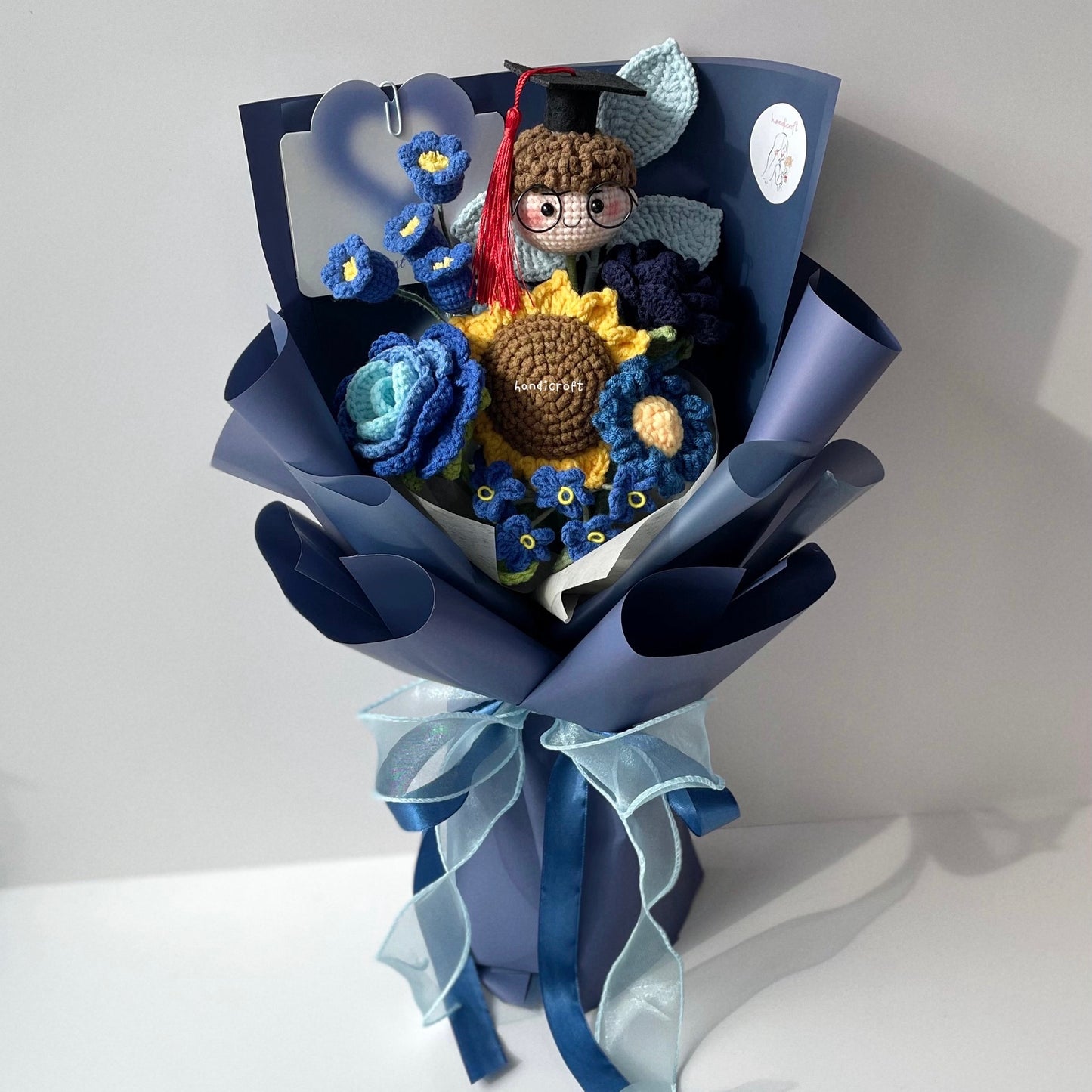 handicroft handmade crochet everlasting navy dark blue graduation flower bouquet graduate galaxy