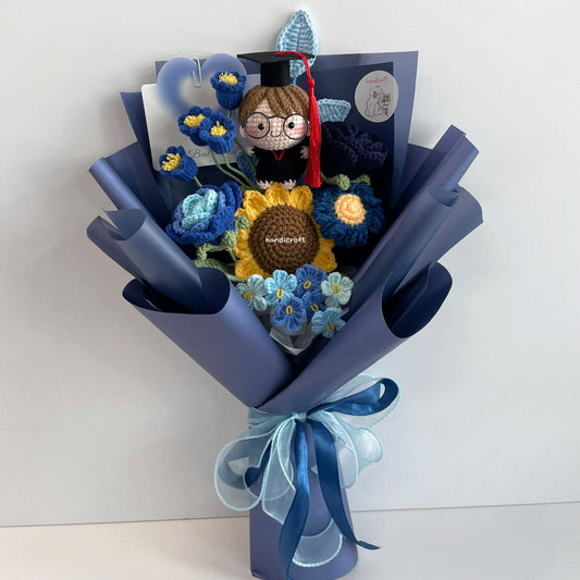 handicroft handmade crochet everlasting navy dark blue graduation flower bouquet graduate galaxy