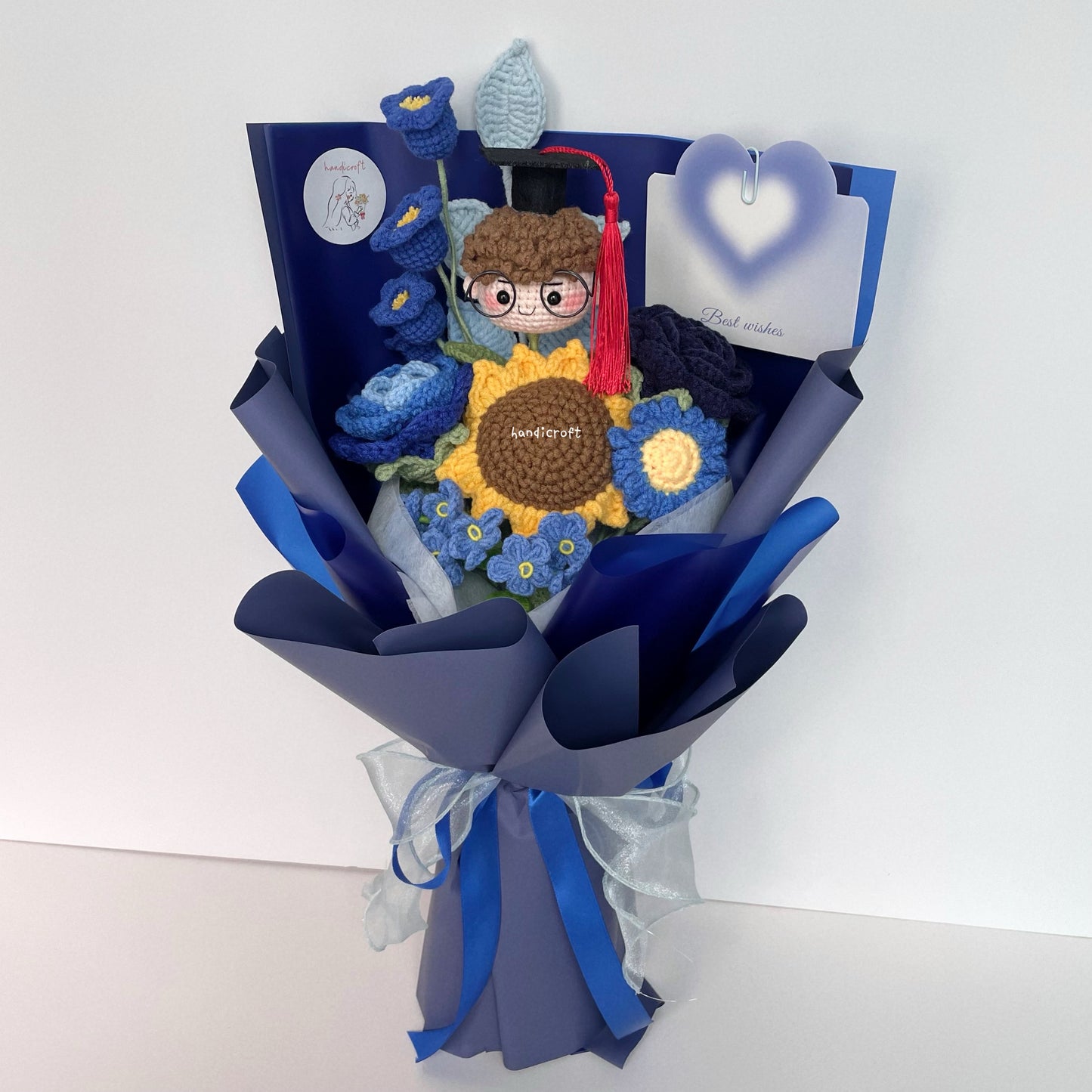 handicroft handmade crochet everlasting navy dark blue graduation flower bouquet graduate galaxy