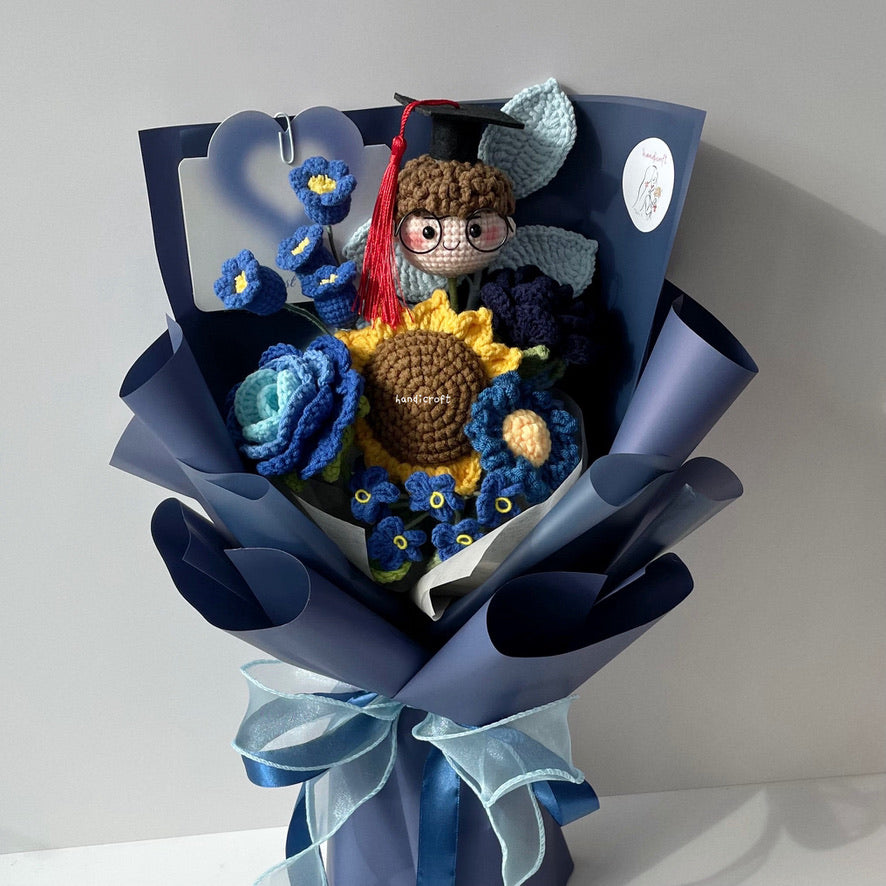 handicroft handmade crochet everlasting navy dark blue graduation flower bouquet graduate galaxy
