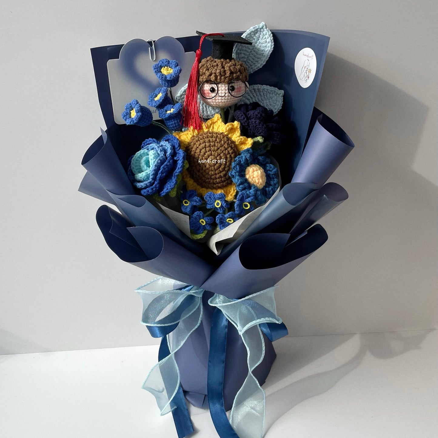 handicroft handmade crochet everlasting navy dark blue graduation flower bouquet graduate galaxy