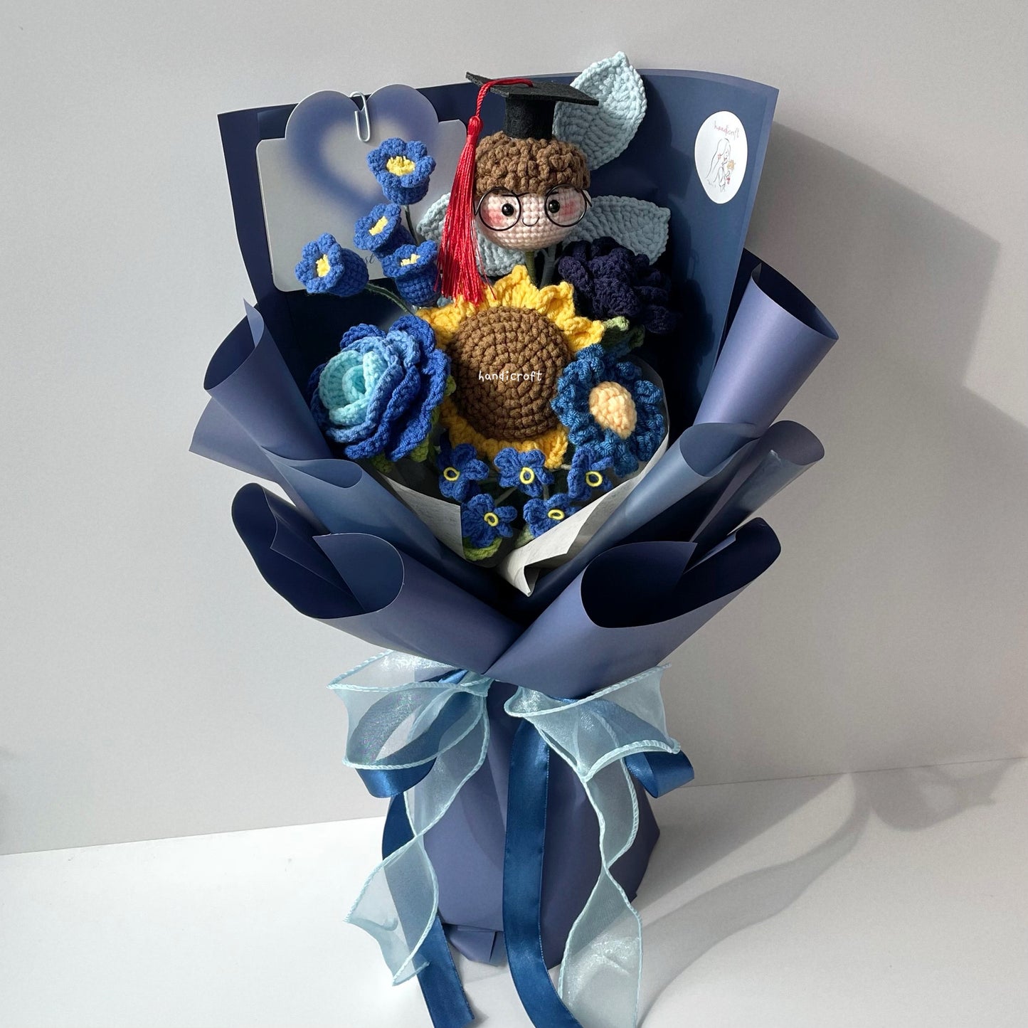 handicroft handmade crochet everlasting navy dark blue graduation flower bouquet graduate galaxy