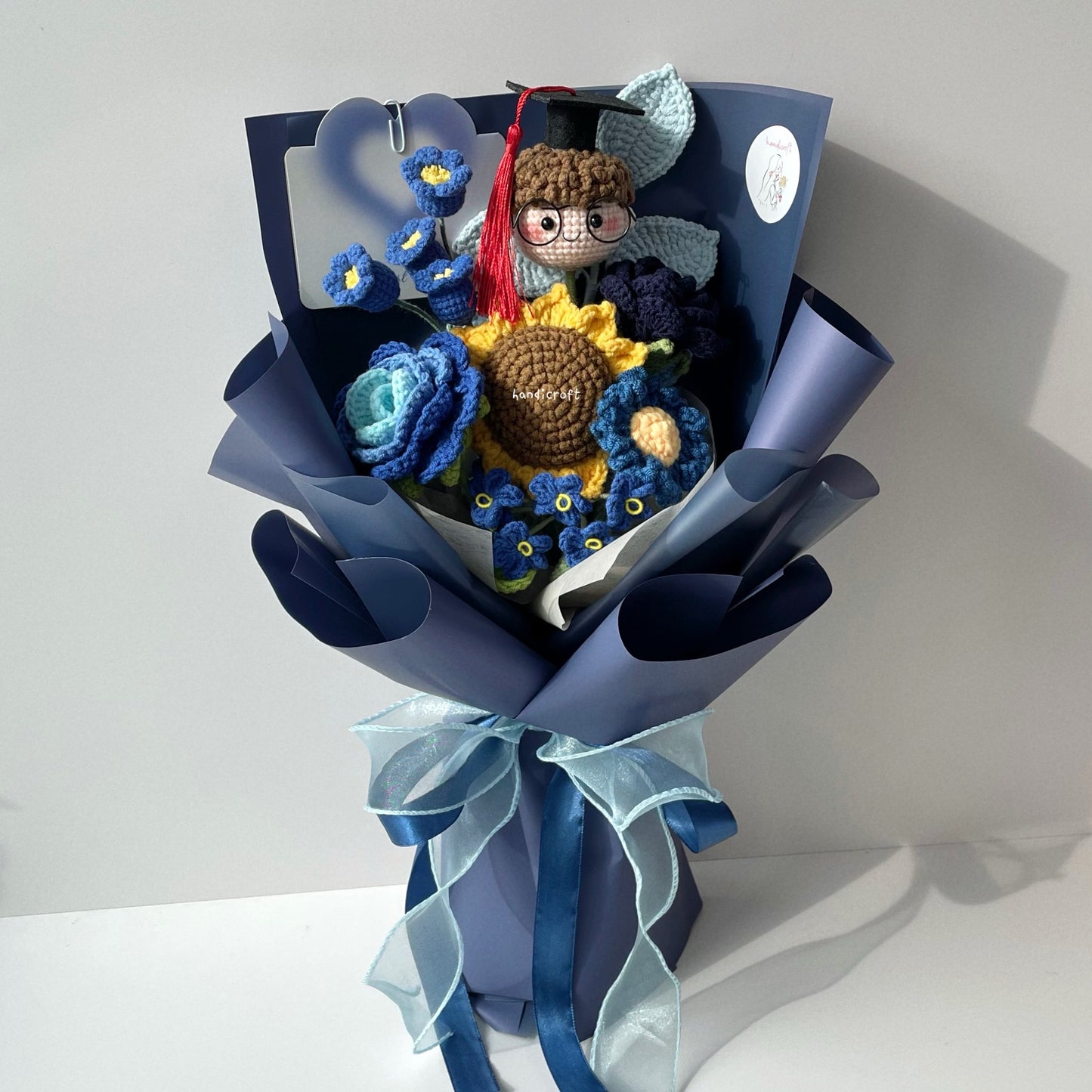 handicroft handmade crochet everlasting navy dark blue graduation flower bouquet graduate galaxy