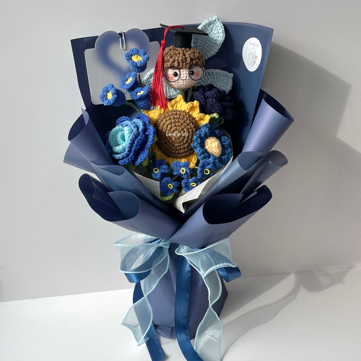 handicroft handmade crochet everlasting navy dark blue graduation flower bouquet graduate galaxy
