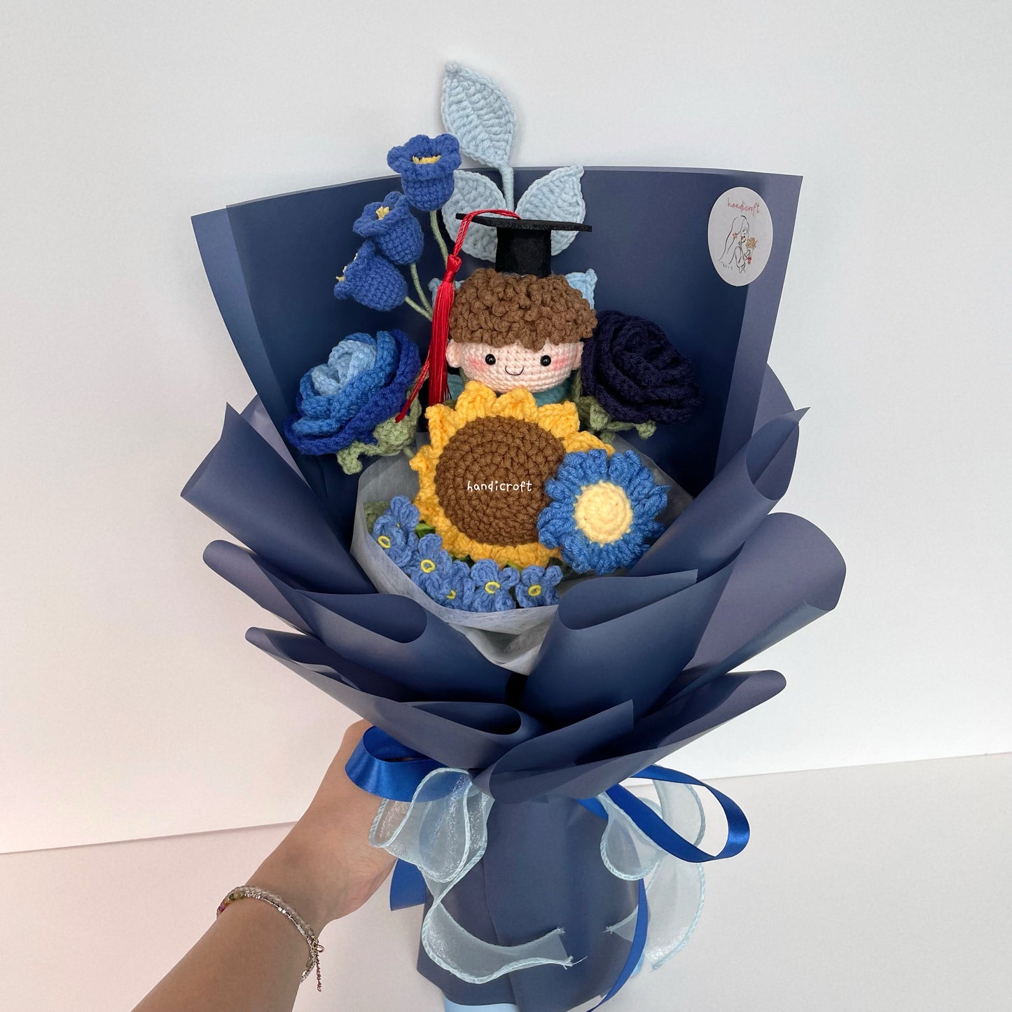 handicroft handmade crochet everlasting navy dark blue graduation flower bouquet graduate galaxy