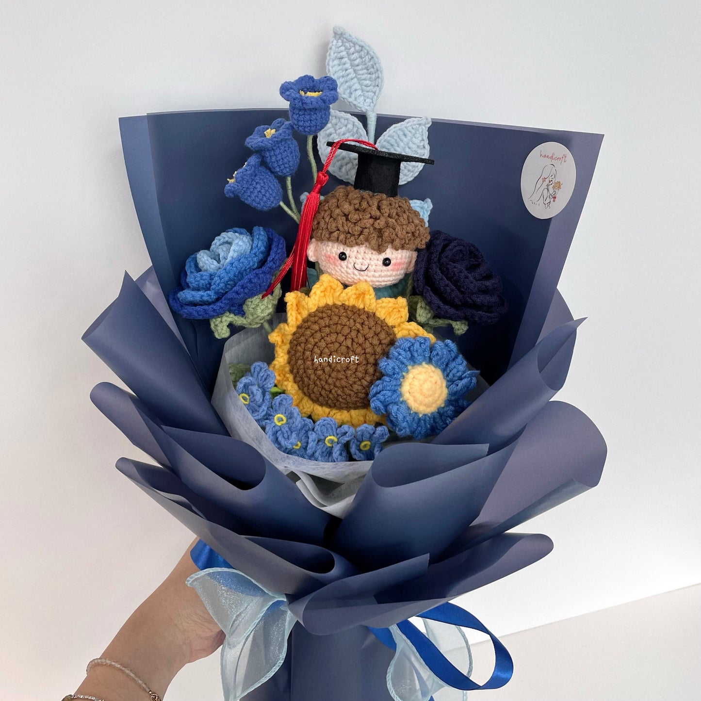 handicroft handmade crochet everlasting navy dark blue graduation flower bouquet graduate galaxy