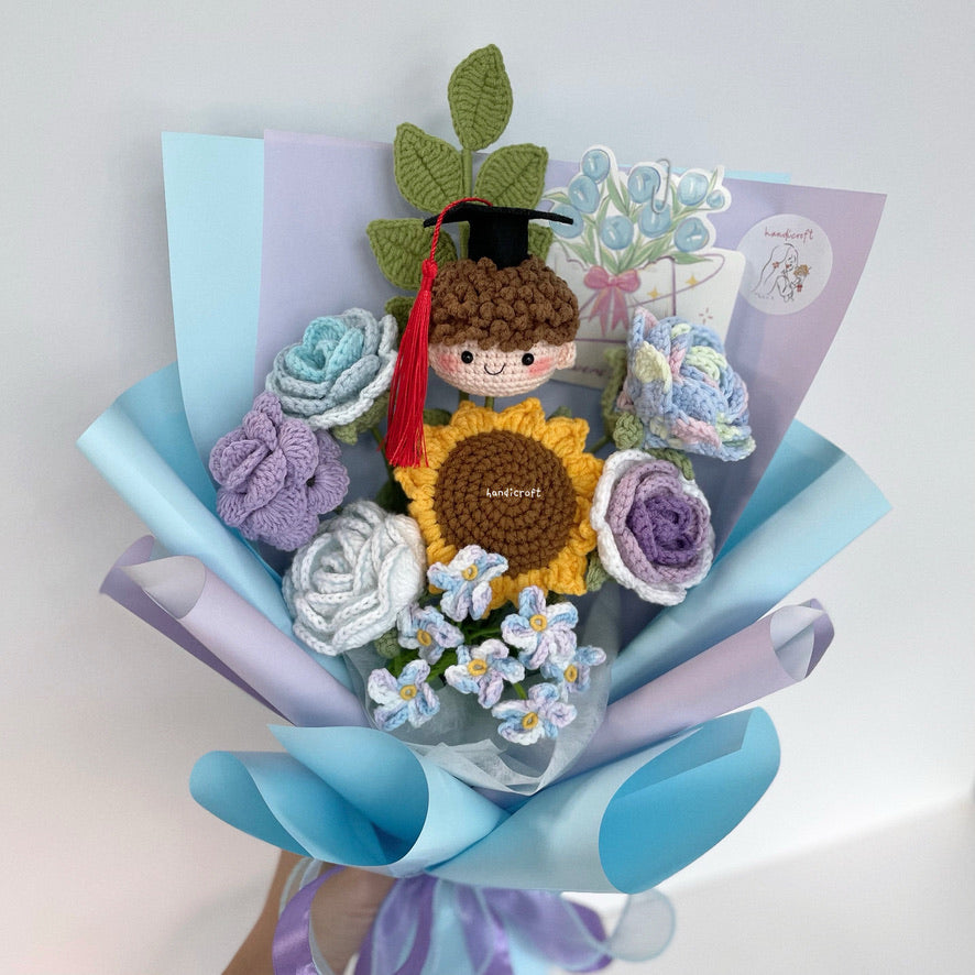 handicroft handmade crochet everlasting pastel light blue purple graduation flower bouquet blooming breeze