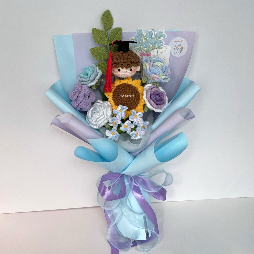 handicroft handmade crochet everlasting pastel light blue purple graduation flower bouquet blooming breeze