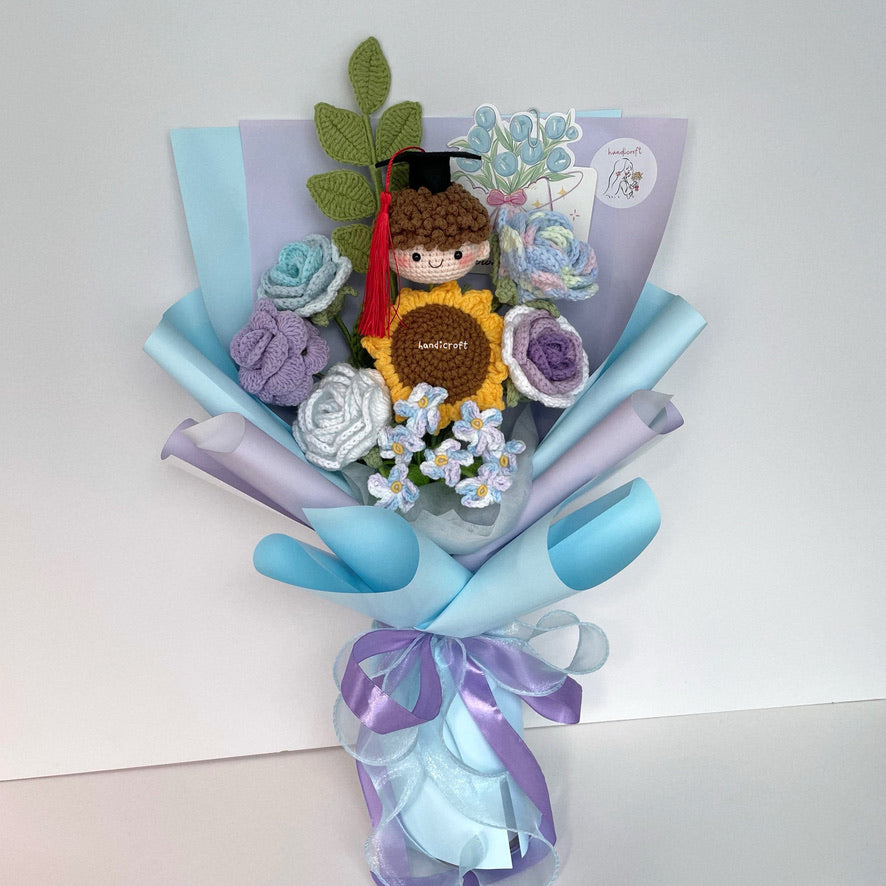 handicroft handmade crochet everlasting pastel light blue purple graduation flower bouquet blooming breeze