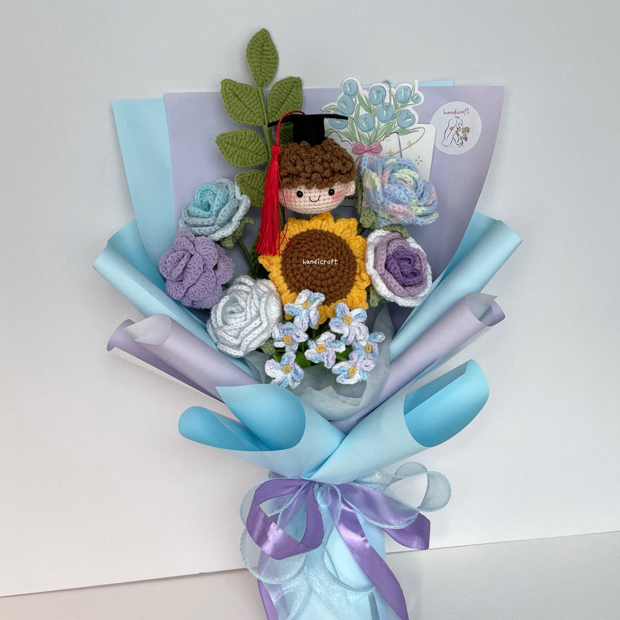 handicroft handmade crochet everlasting pastel light blue purple graduation flower bouquet blooming breeze