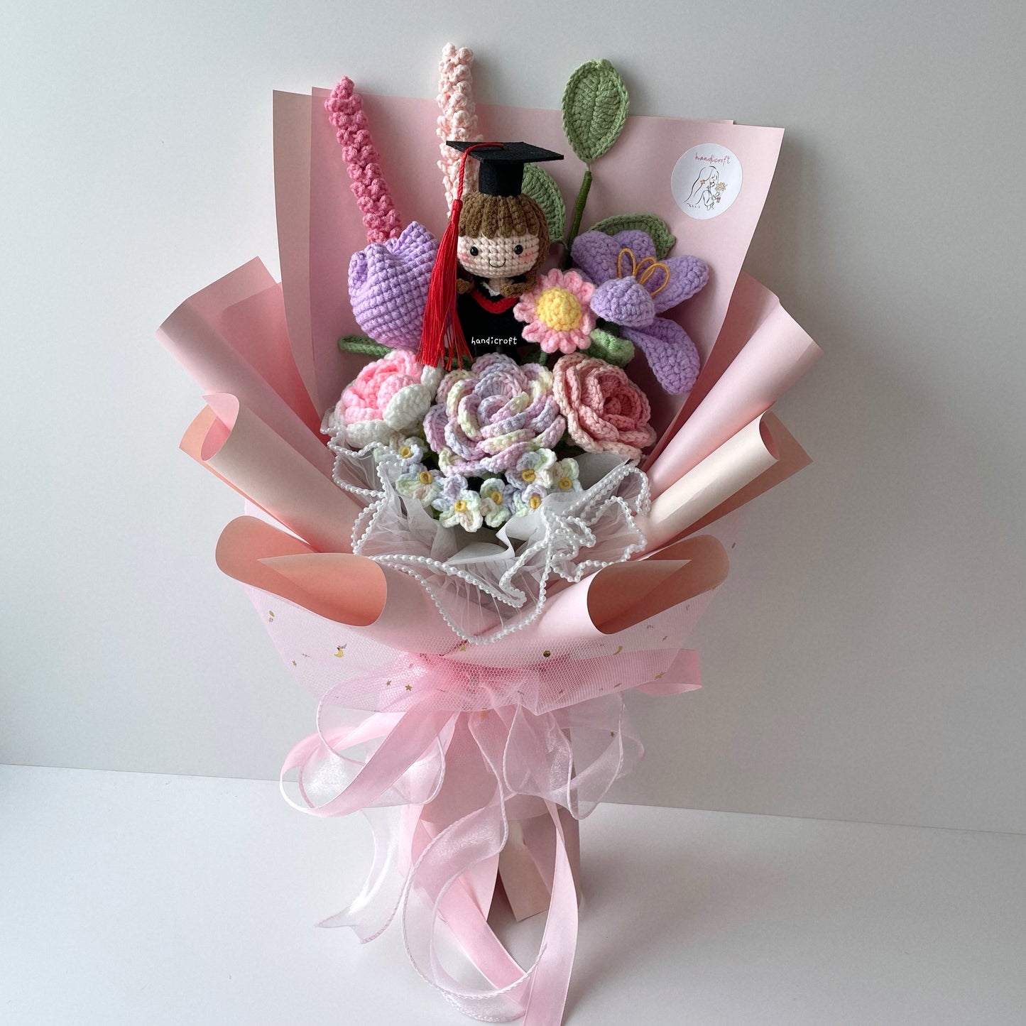handicroft handmade crochet everlasting pink purple graduation flower bouquet mixed petal triumph