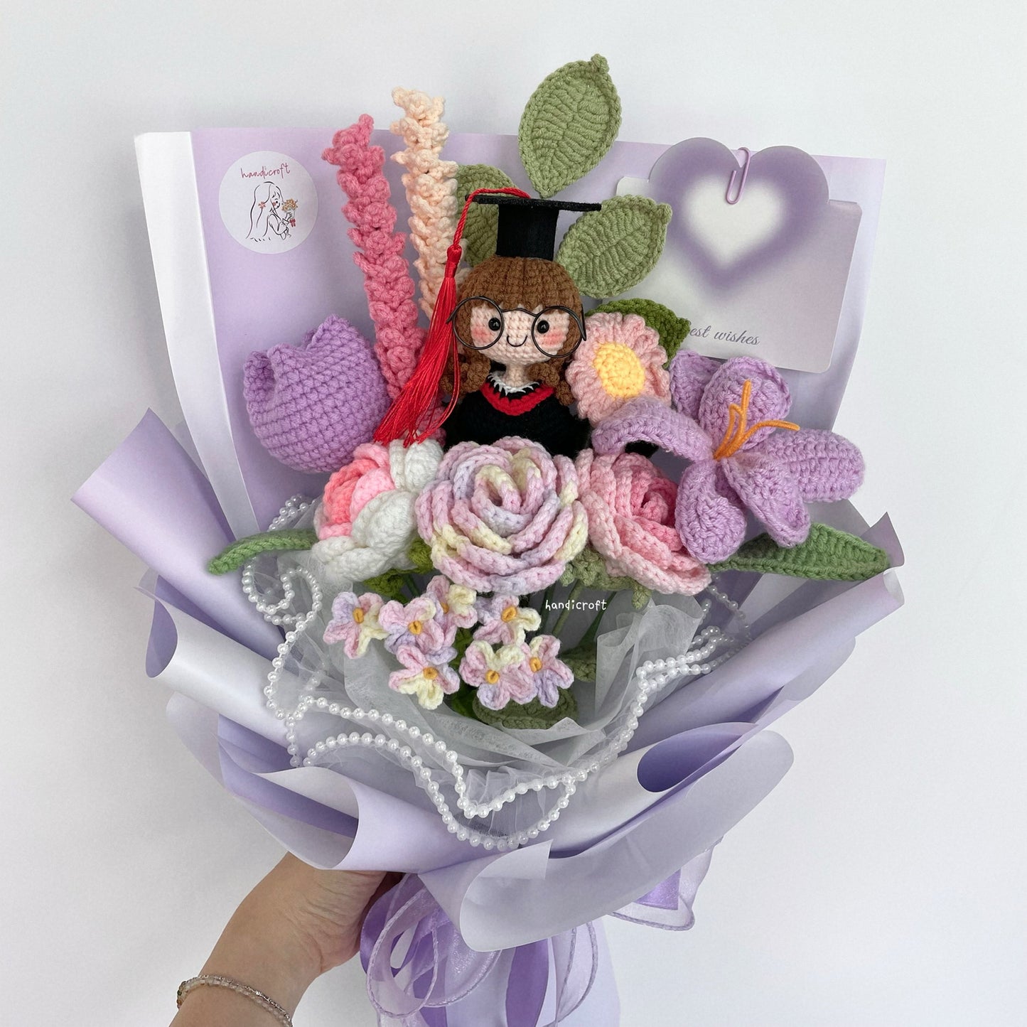 handicroft handmade crochet everlasting pink purple graduation flower bouquet mixed petal triumph