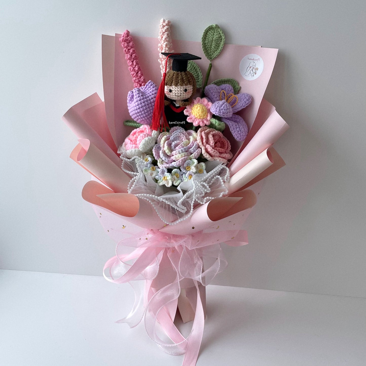 handicroft handmade crochet everlasting pink purple graduation flower bouquet mixed petal triumph